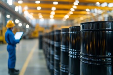Workers inspect black barrels in a warehouse during daytime at an industrial site for quality control