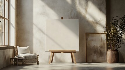 Rustic Minimalist Interior Design with Easel and Plant