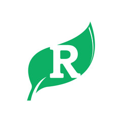 R Initial letter with green leaf vector flat design is design for natural and eco friendly logo