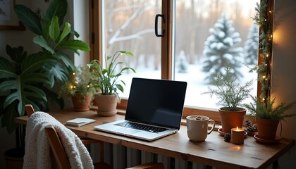 Cozy Winter Workspace by the Window: Laptop, Plants, and Warm Drinks