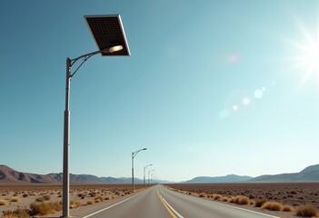 Sleek Modern Solar Streetlight, Close-Up: Clean Open Road, Top Solar Panel, Minimalist Landscape, Noon, Natural Light, Ideal for Urban Planning, Sustainable Development, Renewable Energy Projects, Hig