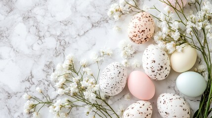 Fototapeta premium Elegant Easter Eggs on Marble with Delicate White Flowers for Springtime Celebrations