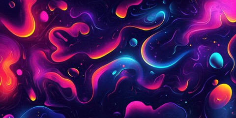 A vortex of glowing neon shapes and lines, creating a chaotic yet stylish pattern, surrounded by soft glowing mist on a dark cosmic background with depth
