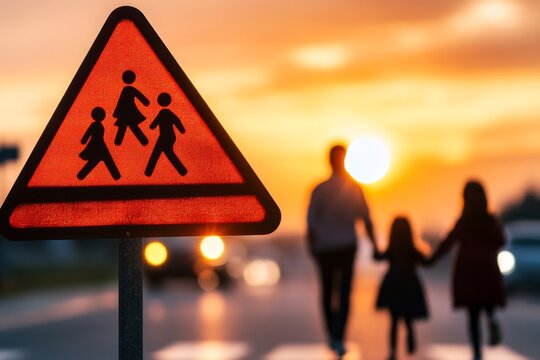 A yield sign positioned near a pedestrian crossing, with a family walking safely across the street
