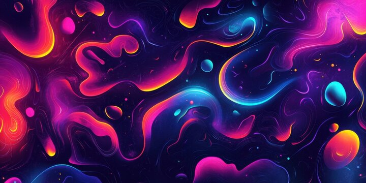 A vortex of glowing neon shapes and lines, creating a chaotic yet stylish pattern, surrounded by soft glowing mist on a dark cosmic background with depth