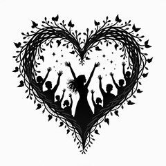 Obraz premium Silhouettes of Celebration: Embracing Love and Unity Beneath a Heart-Shaped Tree at Sunset