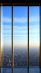 Modern glass window overlooking a sprawling cityscape under a clear blue sky.