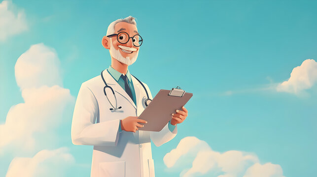 Cheerful Doctor with Clipboard Against Clear Blue Sky Background