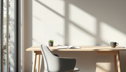 Modern Minimalist Home Office Workspace with Sunlight Streaming Through Window