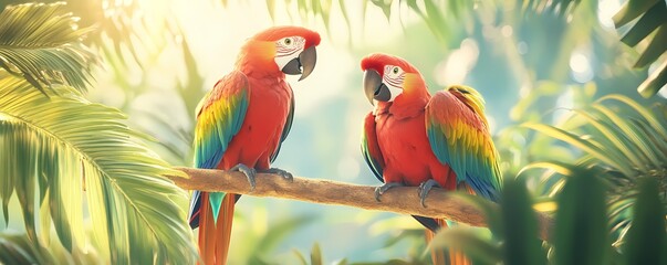 Two vibrant macaws perched on a branch amidst lush greenery, showcasing their colorful feathers in a tropical paradise.