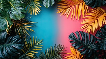Colorful tropical leaves frame a vibrant background in a modern artistic composition