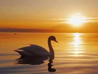 Fototapeta premium Elegant Swan Silhouetted Against Golden Sunset Reflecting on Calm Water Landscape