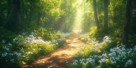 Obraz premium A serene forest path illuminated by sunlight, surrounded by lush greenery and white flowers, evoking peace and natural beauty. Ideal for environmental, travel, or nature-themed projects.
