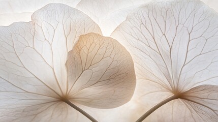 Illuminated hydrangea petals, close-up, studio, veins, soft background, floral design