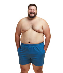 Fat man with a beard wearing blue shorts is smiling on transparent background