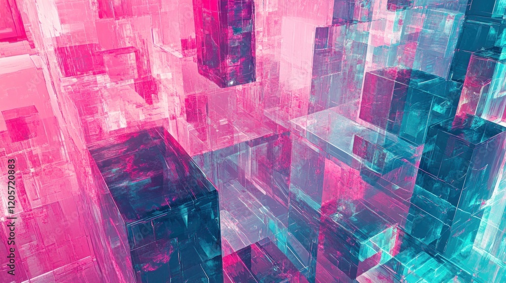 Poster vibrant polygonal mesh with glowing intersections abstract geometric forms in pink and cyan