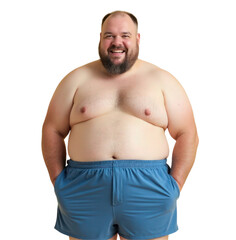 Fat man with a beard wearing blue shorts is smiling on transparent background