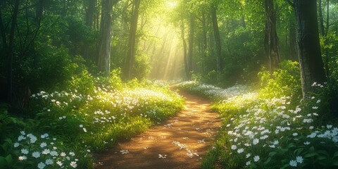 Obraz premium A serene forest path illuminated by sunlight, surrounded by lush greenery and white flowers, evoking peace and natural beauty. Ideal for environmental, travel, or nature-themed projects.