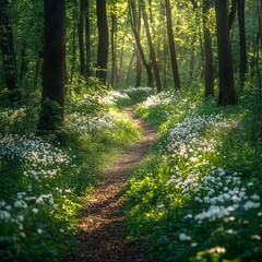Obraz premium A serene forest path illuminated by sunlight, surrounded by lush greenery and white flowers, evoking peace and natural beauty. Ideal for environmental, travel, or nature-themed projects.