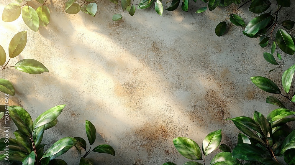 Poster lush green leaves framing a textured background with soft light illuminating the space in a serene s