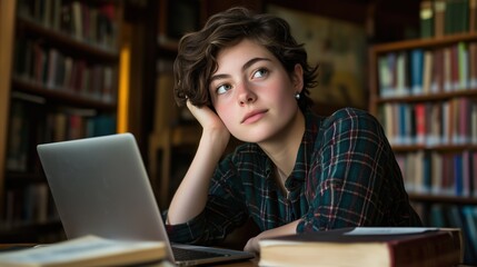 Studying girl with laptop library portrait cozy environment thoughtful