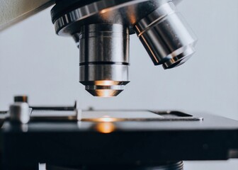 Fototapeta premium Close up of microscope in laboratory. Scientific research and development concept.