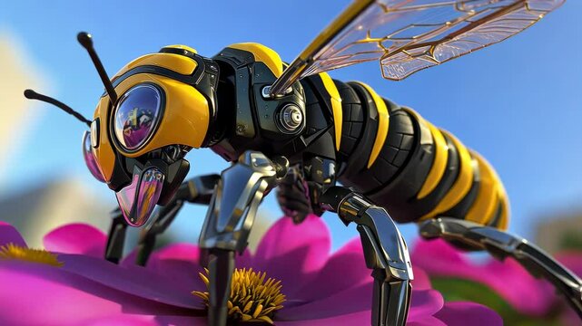 Futuristic robotic bee pollinating vibrant flowers in a sunny garden