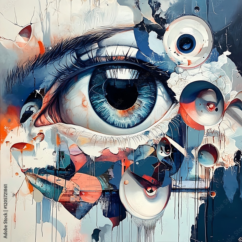 Poster a surreal depiction of an eye surrounded by abstract shapes and forms, blending vibrant colors and t