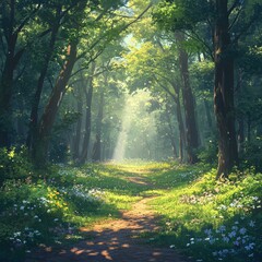 Fototapeta premium A serene forest path illuminated by sunlight, surrounded by lush greenery and white flowers, evoking peace and natural beauty. Ideal for environmental, travel, or nature-themed projects.