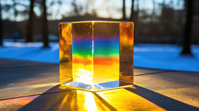 Amber Glass Prism Reflecting Rainbow Sunlight