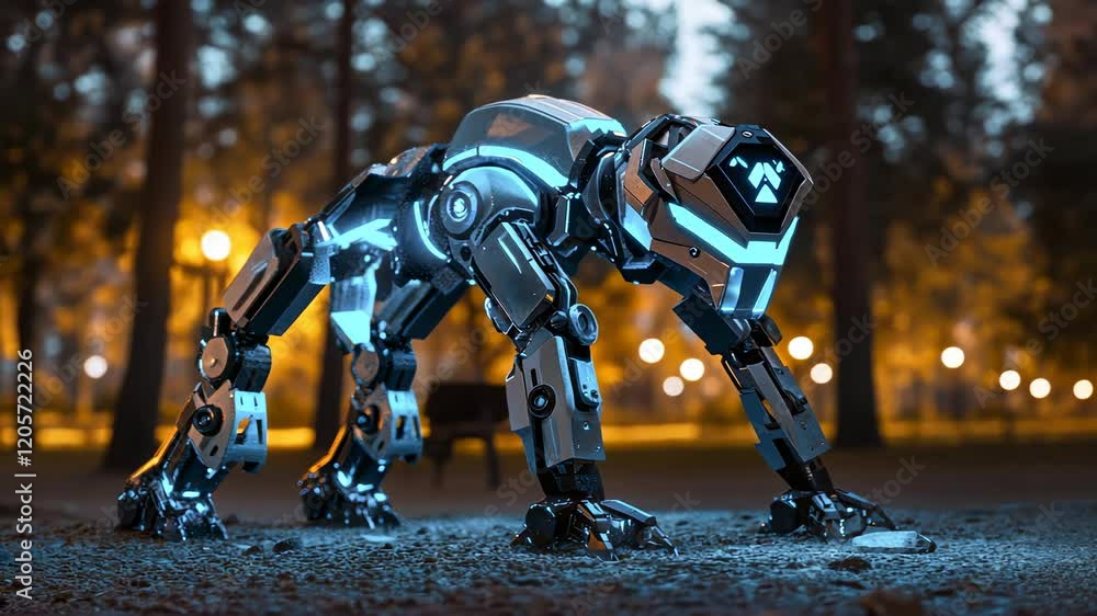 Poster futuristic robotic dog with glowing elements in a tranquil park setting
