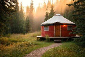 A yurt nestled among tall pine trees, with a pathway leading up to its door and soft sunlight filtering through the branches