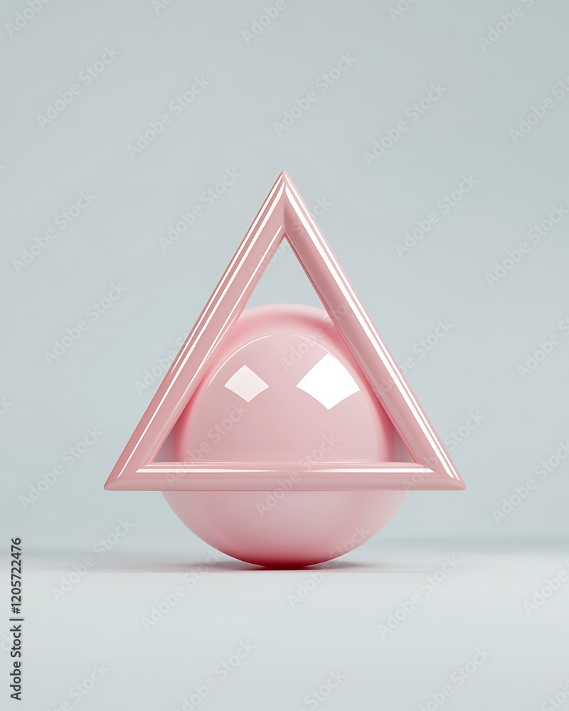 Poster a pink geometric shape featuring a triangular frame surrounding a smooth, spherical form against a m