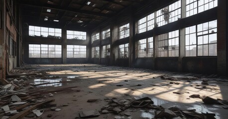 Abandoned industrial factory with broken windows and debris-strewn floors, desolate, broken
