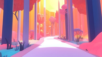 A winding path through a stylized forest with pink and orange trees