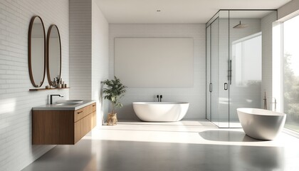 Fototapeta premium Modern Minimalist Bathroom Design with White Brick Walls, Freestanding Tubs, and Large Windows