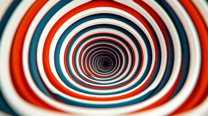 A vibrant, swirling tunnel of concentric circles in red, white, and blue, creating a mesmerizing visual depth and dynamic movement.