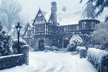 A picturesque winter scene featuring a charming Tudor style house surrounded by snow-covered trees and bushes. Snowflakes gently fall, creating a serene atmosphere.