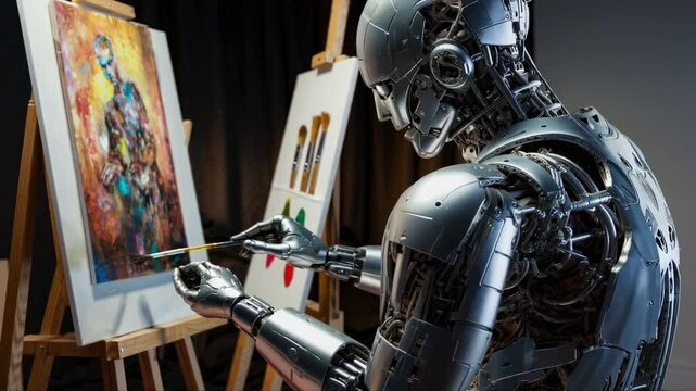 Robot artist painting human portrait on a canvas in creative stu