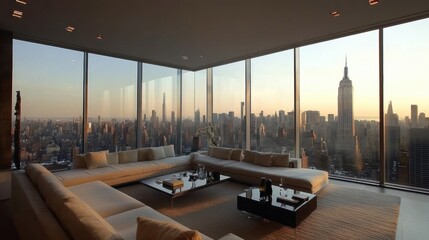 A chic rooftop apartment with large glass walls overlooking the city