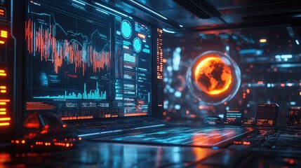 Naklejka premium A computer monitor displays a red and orange planet with a blue and white Earth