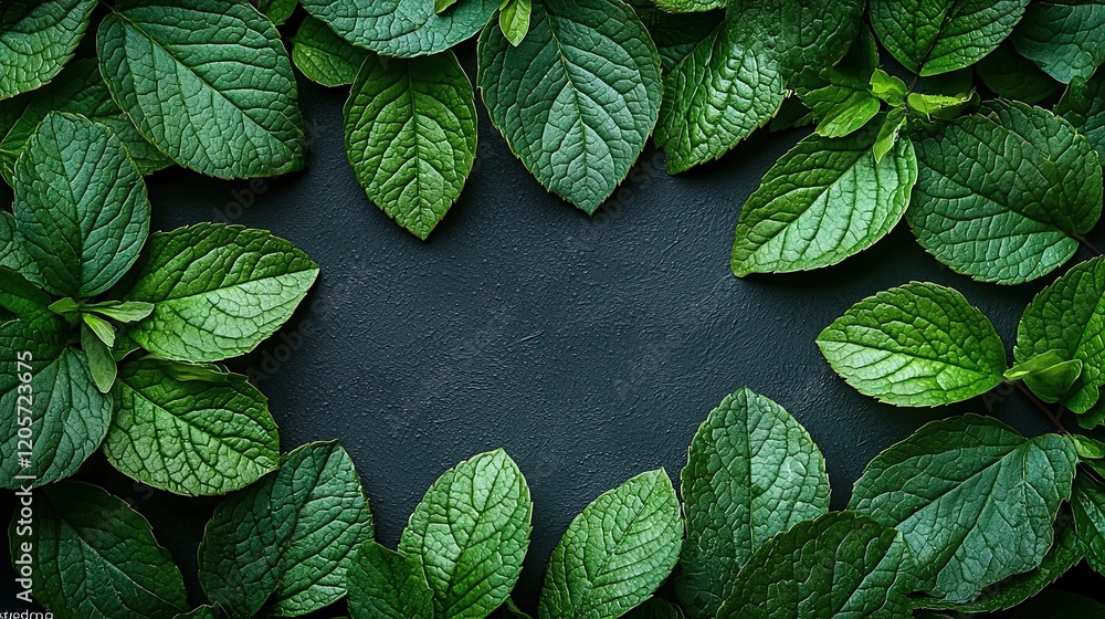 Aufkleber fresh green mint leaves arranged in a circular pattern on a dark surface with a textured backdrop
