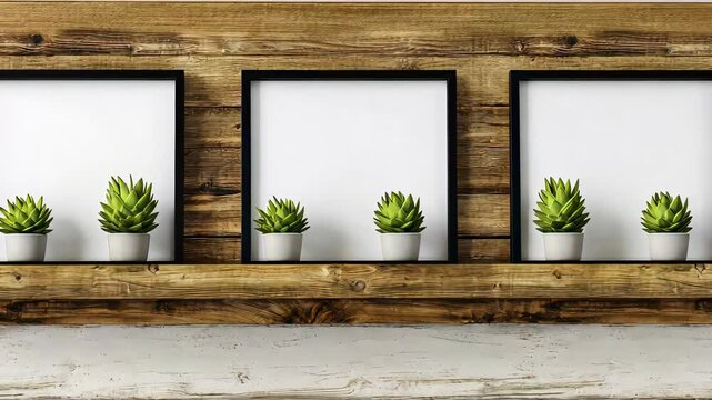 Succulent plants displayed in modern frames on wooden shelf