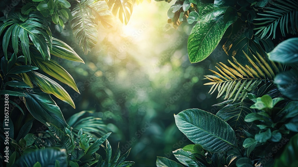 Wall mural lush greenery and sunlight filtering through dense foliage in a vibrant jungle setting during the ea