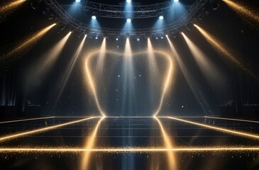 An illuminated stage features dramatic colorful lights with multiple spotlights ready for an event, creating an energetic atmosphere for performers