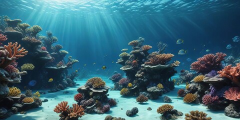 Panoramic view of underwater world with coral reef, tropical, marine habitat, seabed