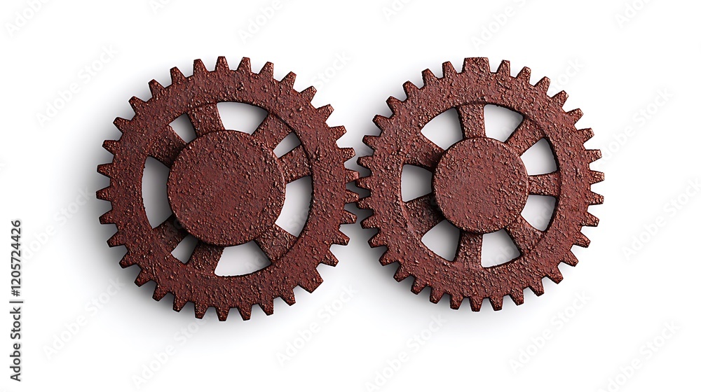 Poster two interconnected gears with a rusty texture, symbolizing mechanics, engineering, and the concept o