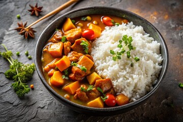 Aerial View of Japanese Curry Rice on Concrete - Delicious Food Photography