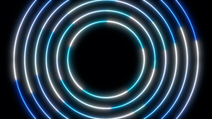 Circular neon light patterns create a vibrant visual effect on a dark background