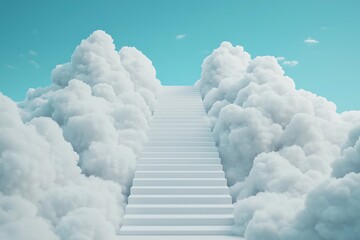 A serene staircase ascends through fluffy clouds under a clear blue sky, evoking a sense of tranquility and dreamlike exploration.